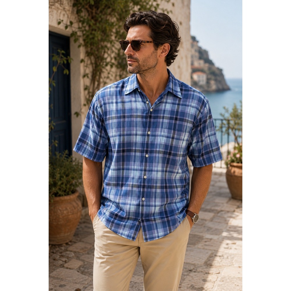 Austin Reed London Blue Plaid Short Sleeve Button Front Shirt Large